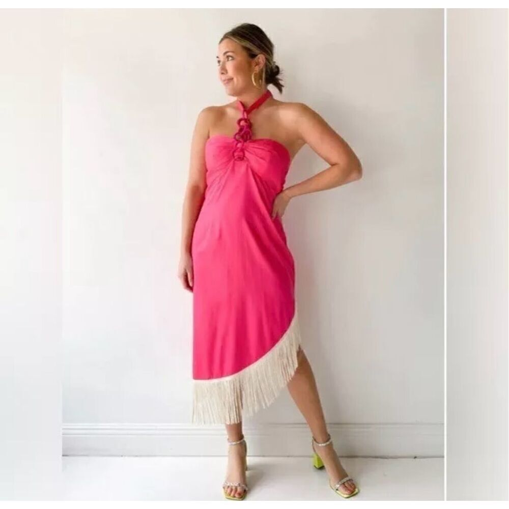 NWT Alden Adair Shoshana Begonia Midi Rope Pink Fringe Dress Women’s Size M